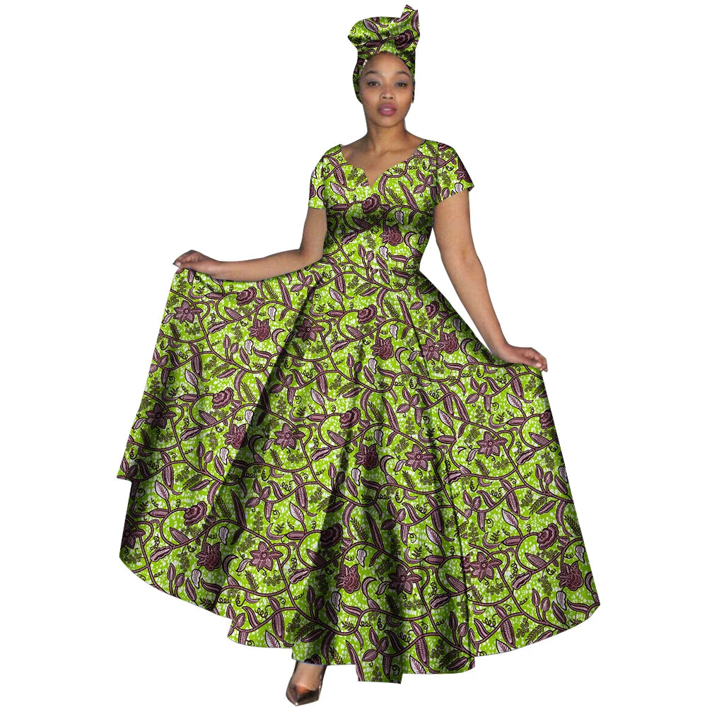 Ankara Print V-Neck Maxi Dress with Head Scarf
