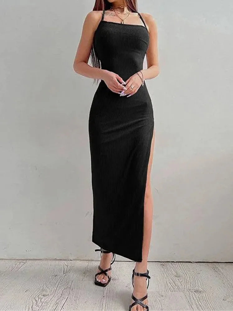 Black Halter Neck High Split Bodycon Dress