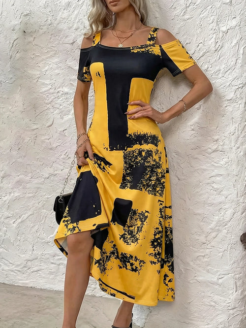 Abstract Print Cold Shoulder Maxi Sundress