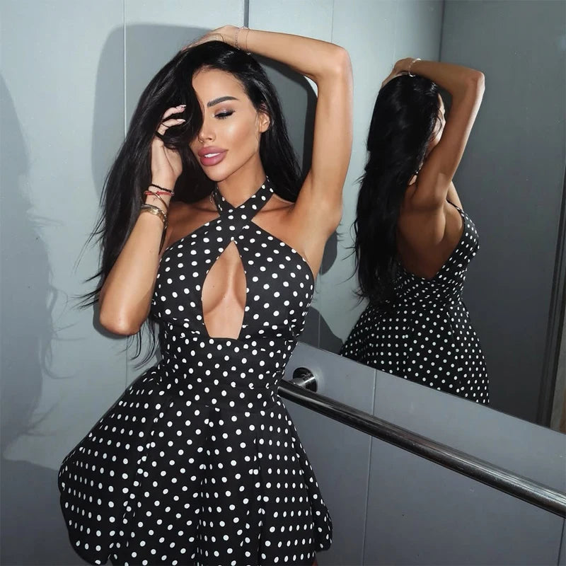 Polka Dot Halter Backless Mini Dress