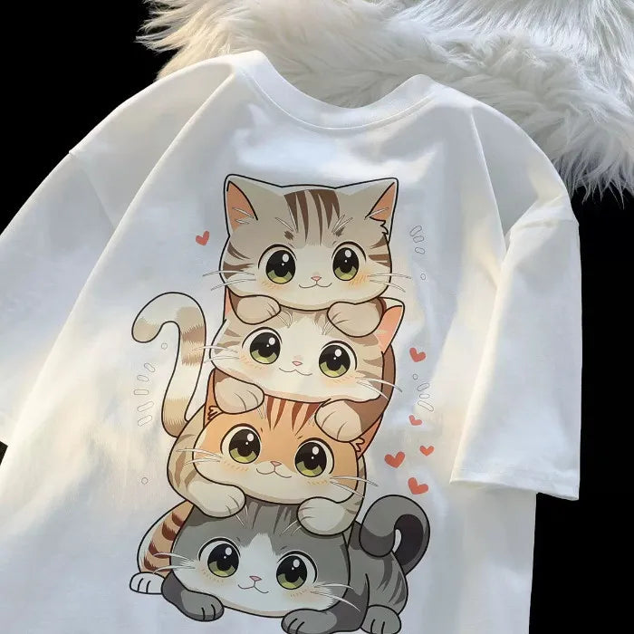 Cute Cat Print Round Neck T-Shirt