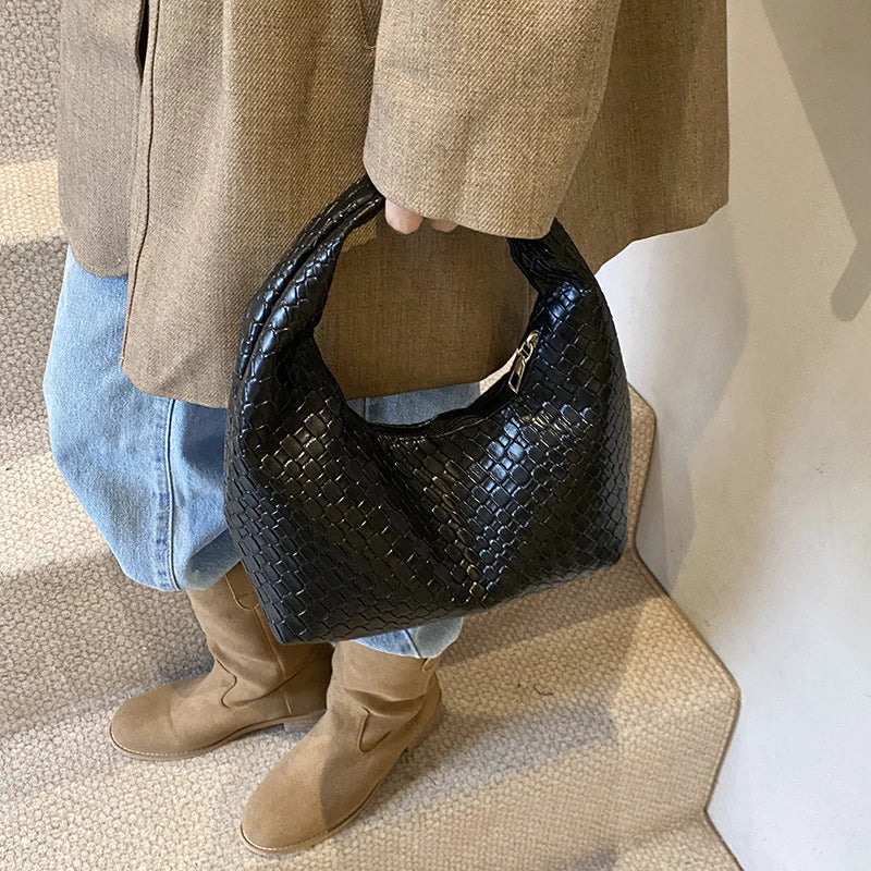 Woven Embossed PU Leather Hobo Shoulder Bag