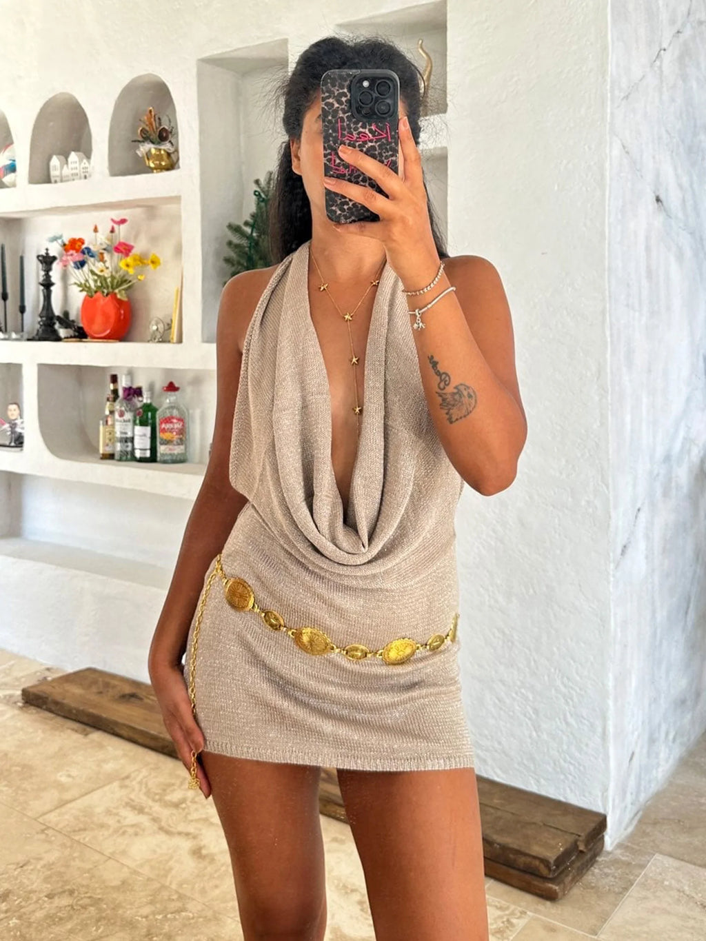 Deep V-Neck Backless Knit Mini Dress
