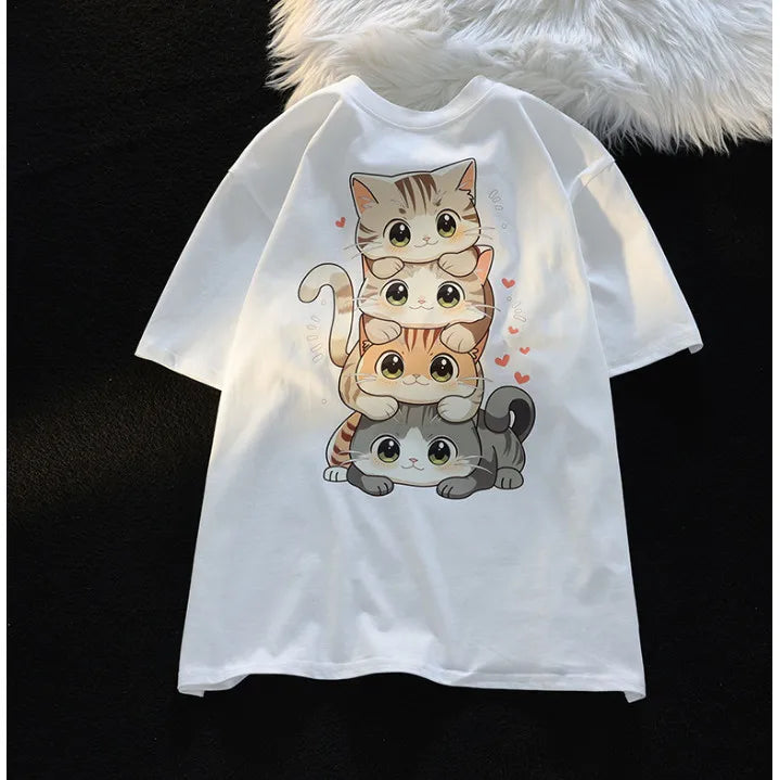 Cute Cat Print Round Neck T-Shirt