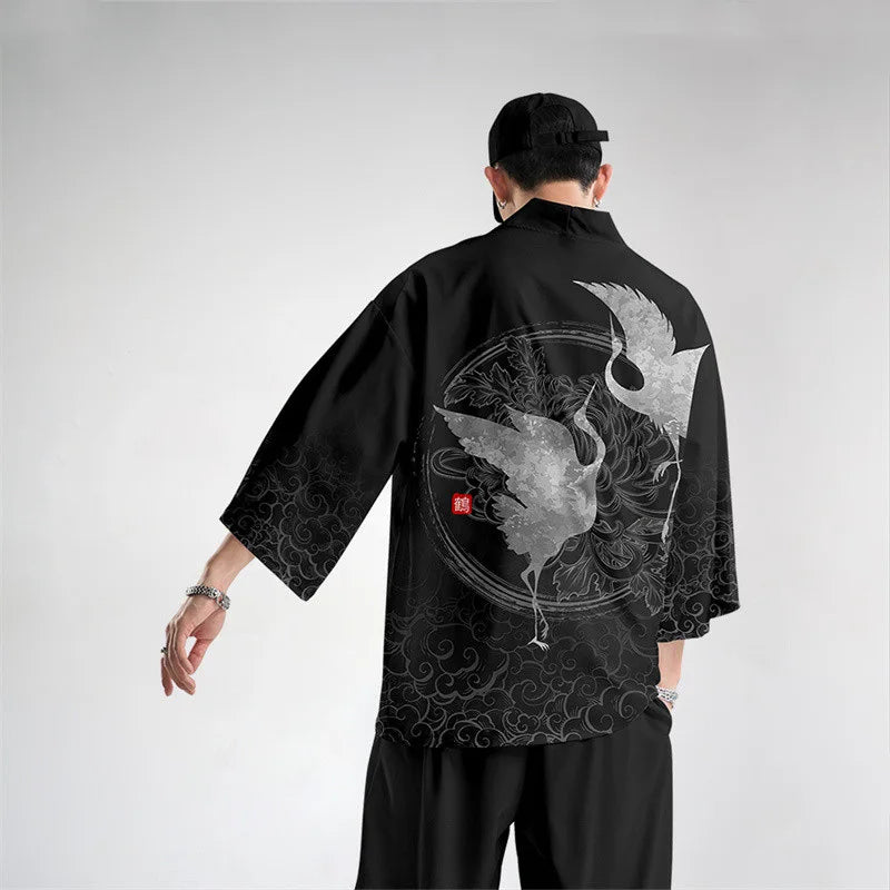 Samurai Crane Japanese Kimono Haori Cardigan