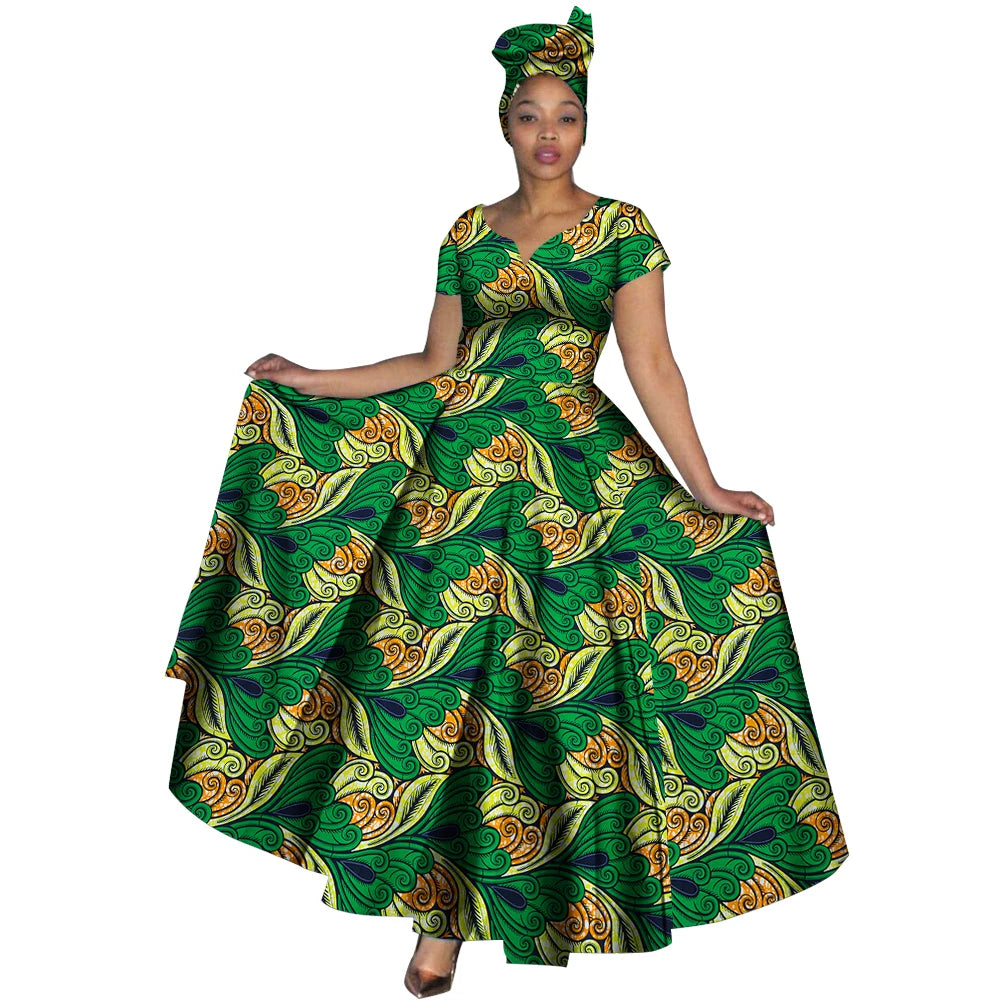 Ankara Print V-Neck Maxi Dress with Head Scarf