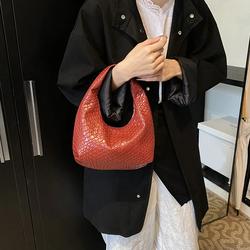 Woven Embossed PU Leather Hobo Shoulder Bag