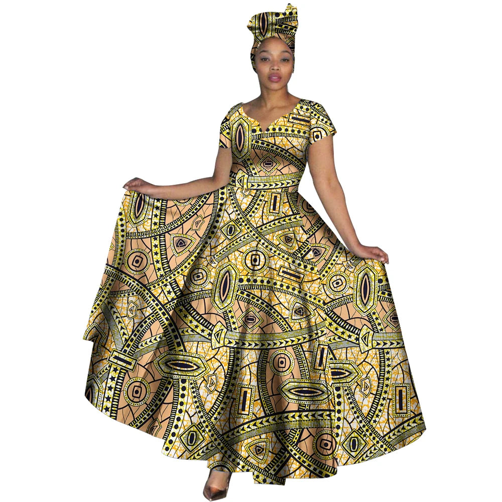 Ankara Print V-Neck Maxi Dress with Head Scarf