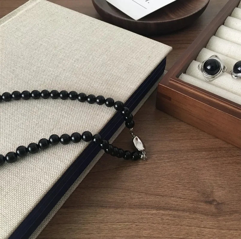 Black Agate Natural Stone Beaded Necklace
