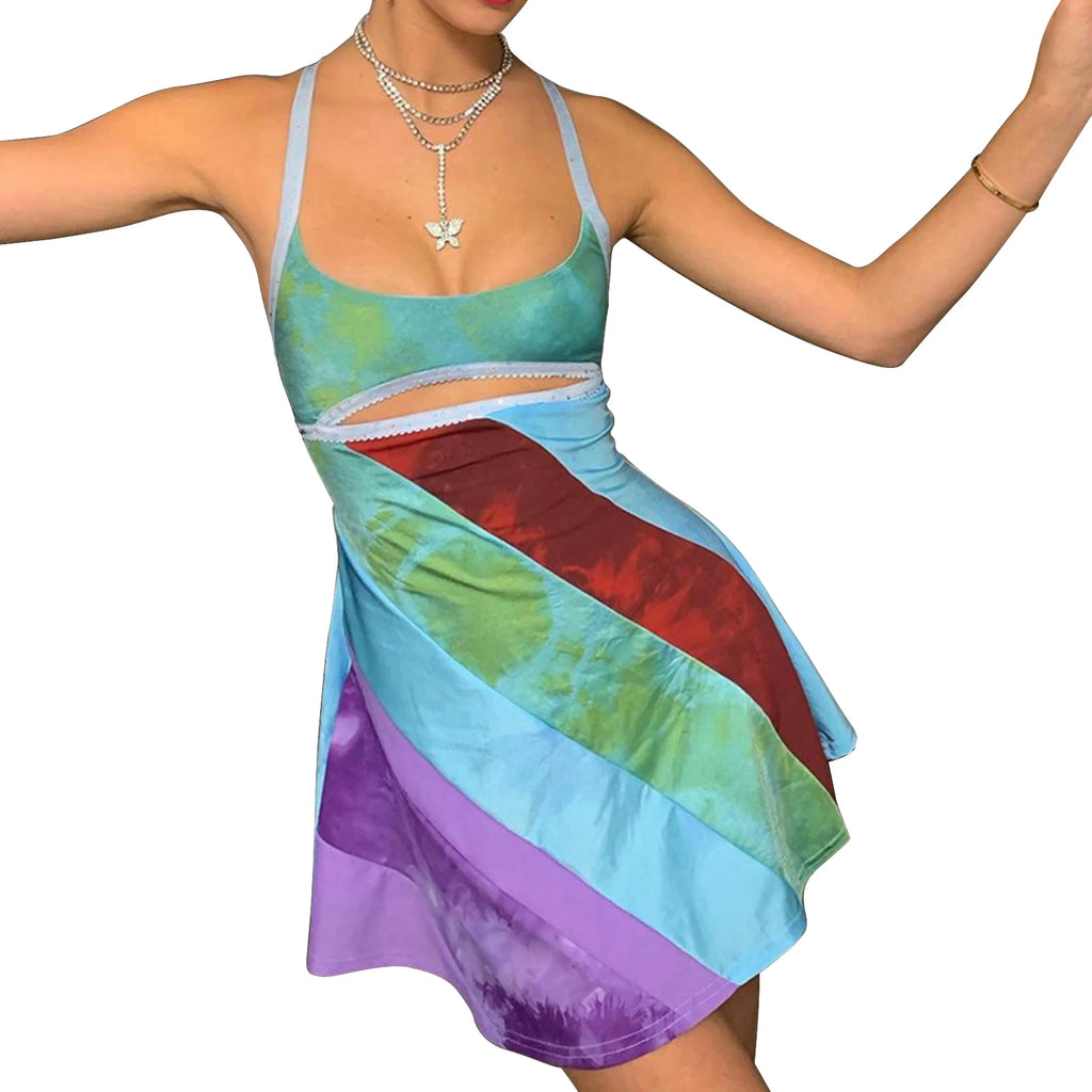 Y2K Contrast Hollow Suspender A-Line Mini Dress