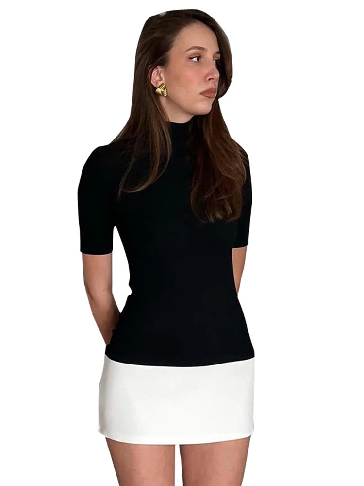 Black & White Turtleneck Patchwork Bodycon Dress