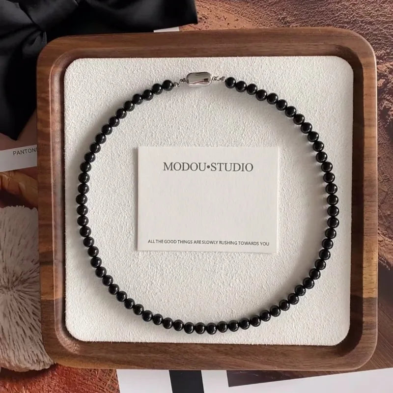Black Agate Natural Stone Beaded Necklace