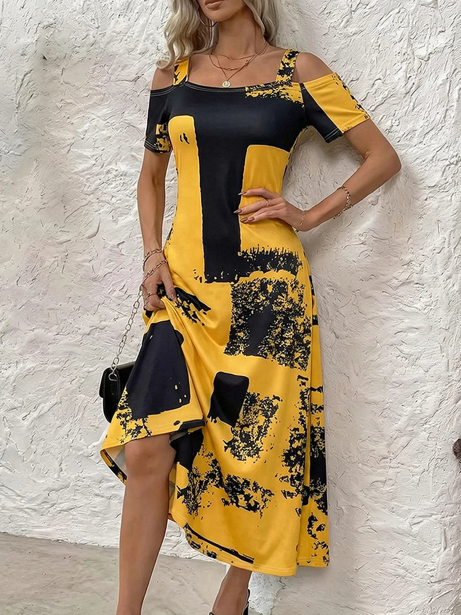 Abstract Print Cold Shoulder Maxi Sundress