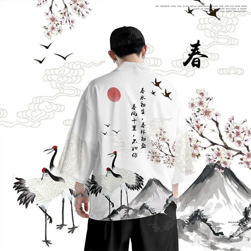 Samurai Crane Japanese Kimono Haori Cardigan