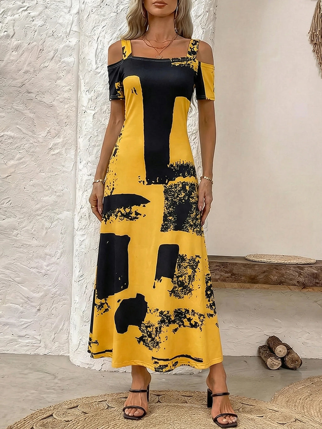Abstract Print Cold Shoulder Maxi Sundress