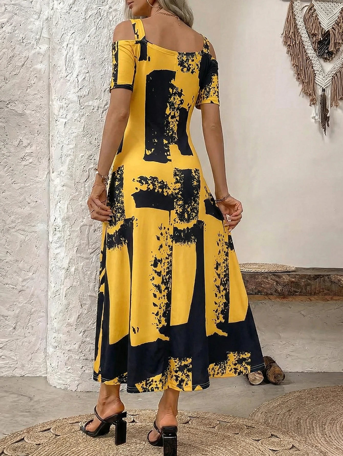 Abstract Print Cold Shoulder Maxi Sundress
